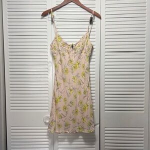 AUDREY3+1 Y2K Light Pink and Yellow Runched Bust Floral Slip Mini Dress Size M